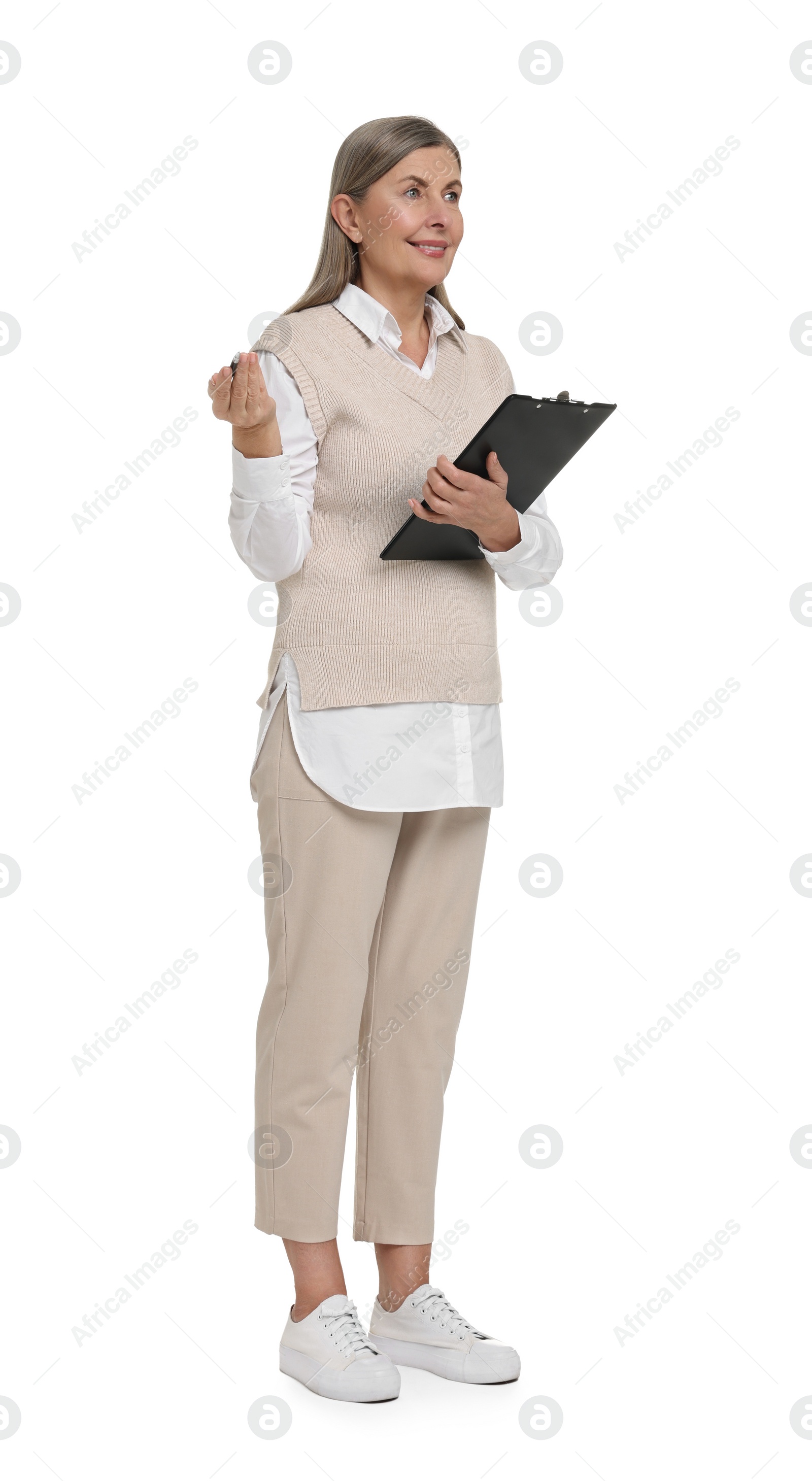 Photo of Senior woman with clipboard on white background