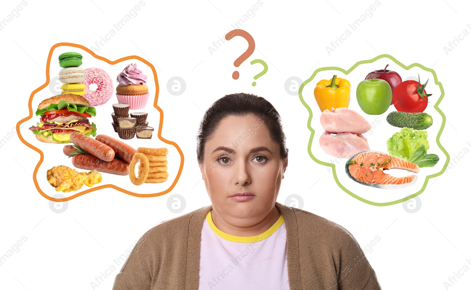 Image of Overweight woman choosing between healthy and unhealthy food on white background