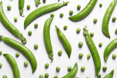 Photo of Flat lay composition with fresh peas on white background