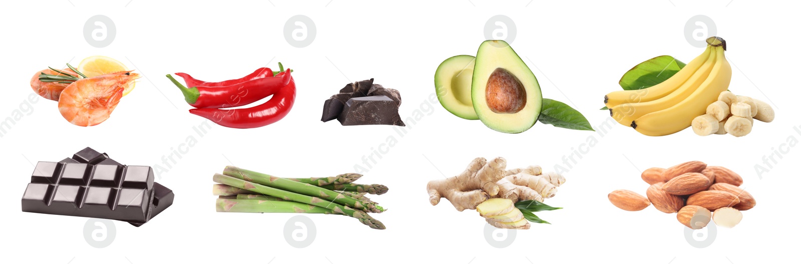 Image of Set with different aphrodisiac food for increasing sexual desire on white background, banner design