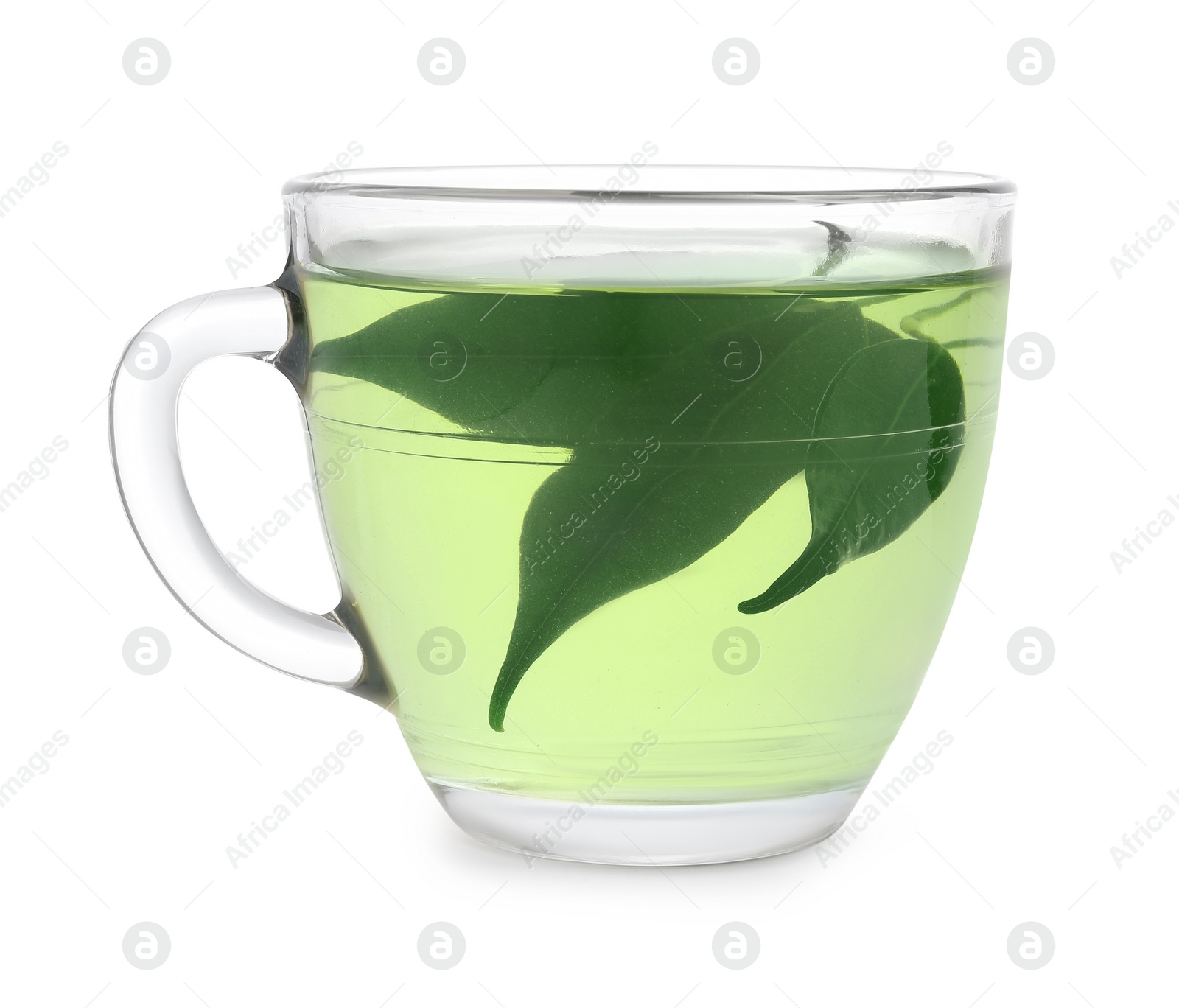 Photo of Fresh green tea in glass cup and leaves isolated on white