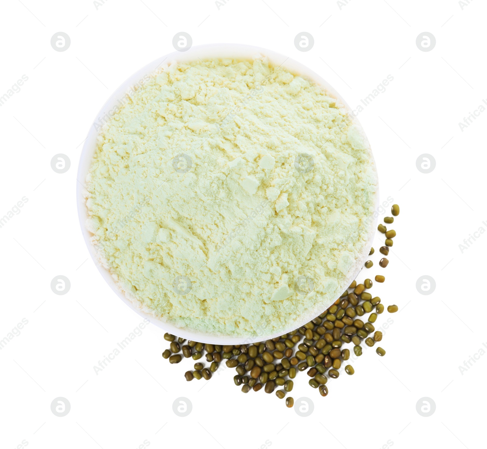 Photo of Bowl of flour and mung beans on white background, top view