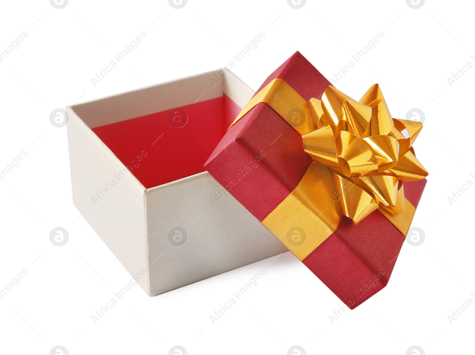 Photo of Open empty gift box with bow on white background