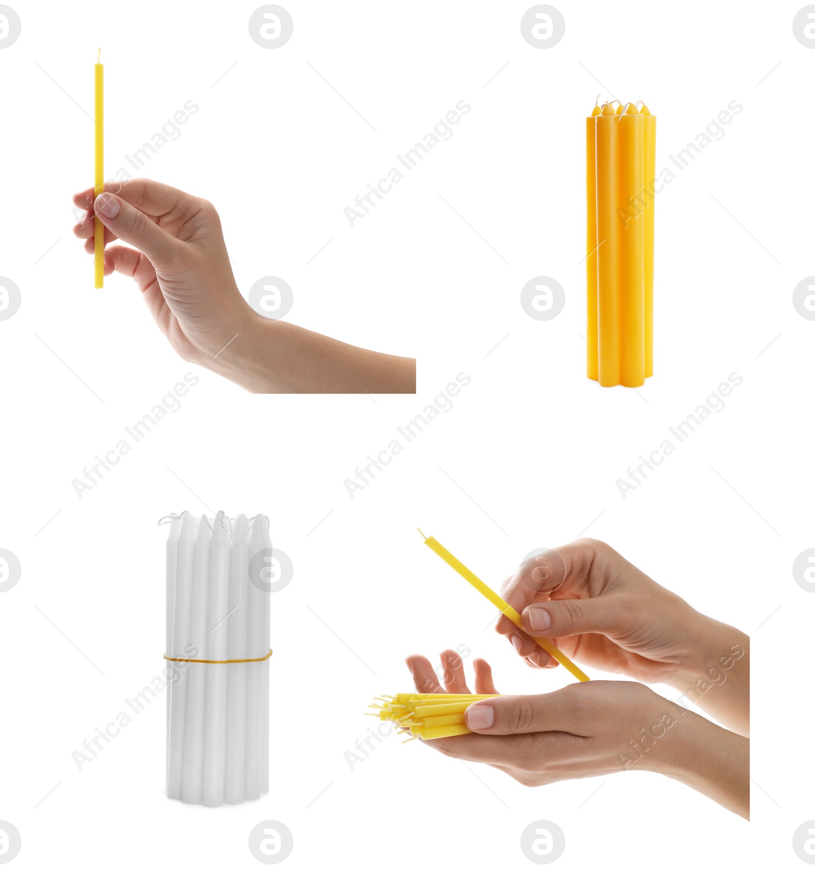 Image of Collage with church candles on white background. Photos of woman, closeup.