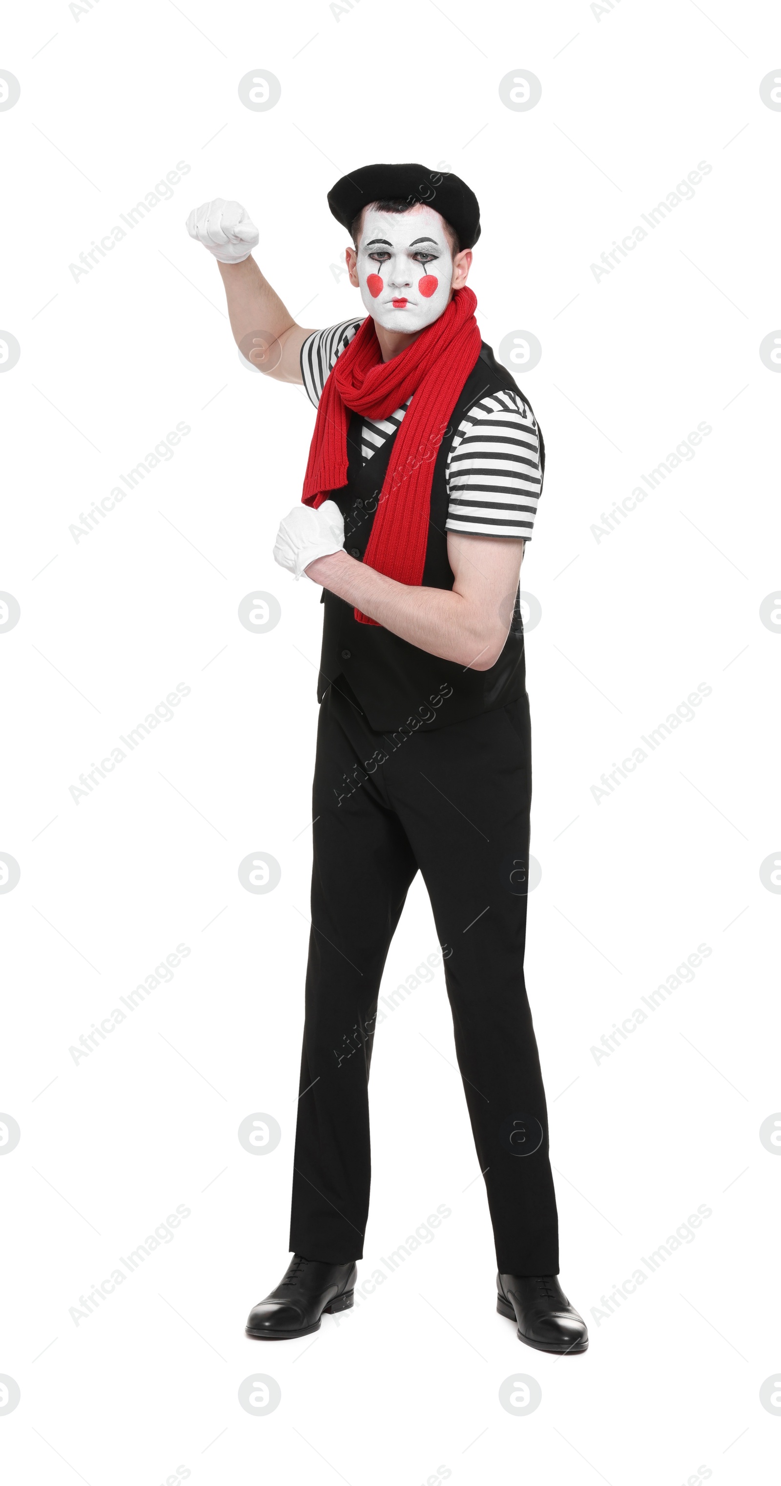 Photo of Mime artist in beret posing on white background