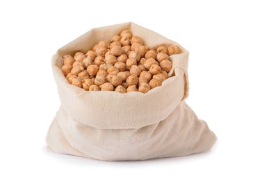 Photo of Raw chickpeas in bag on white background