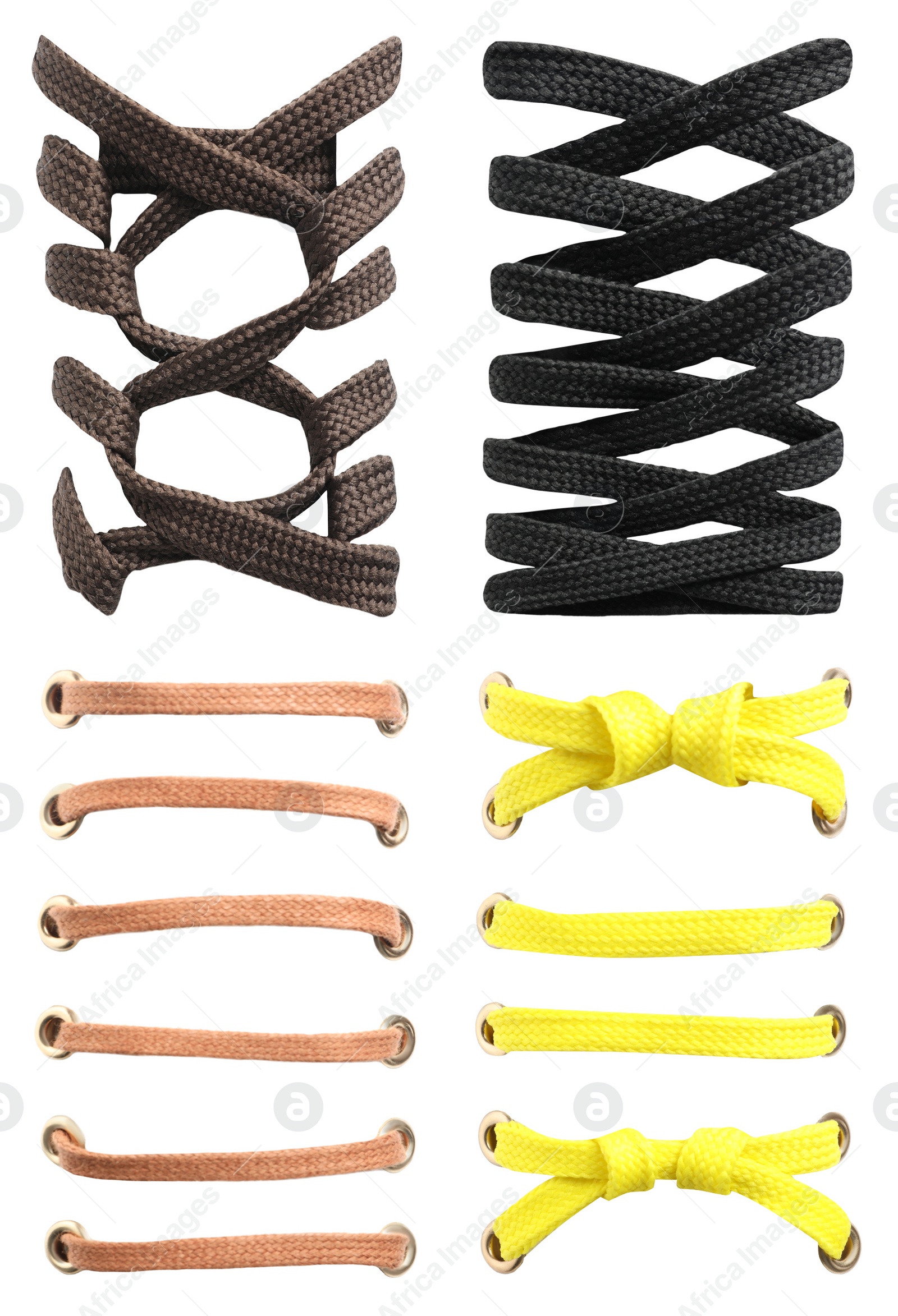 Image of Different color shoe laces on white background, collage