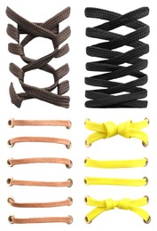 Image of Different color shoe laces on white background, collage