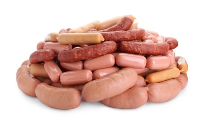 Photo of Many fresh raw sausages isolated on white. Meat product