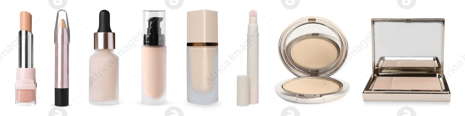 Image of Face powders, concealers, corrector and liquid foundations isolated on white. Collection of makeup products