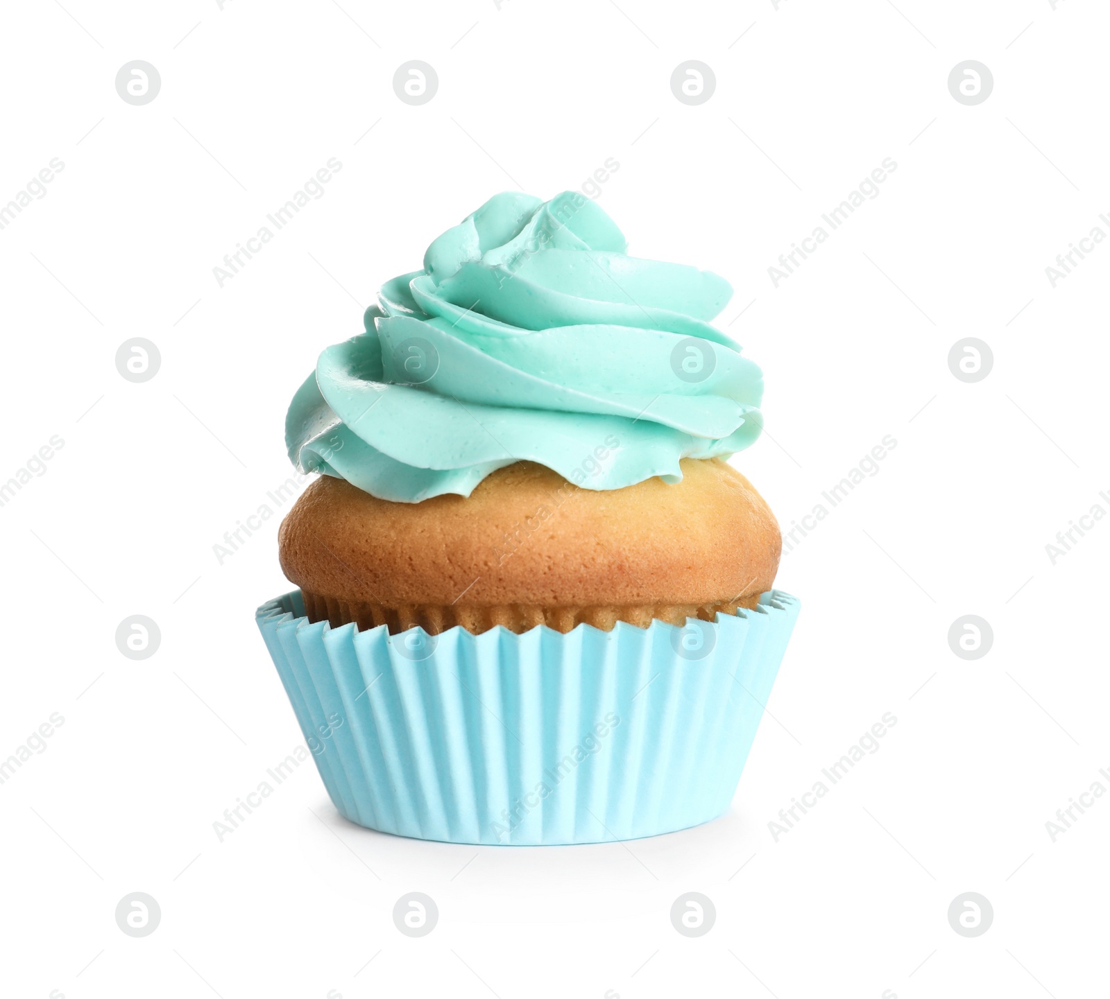 Photo of Delicious birthday cupcake on white background