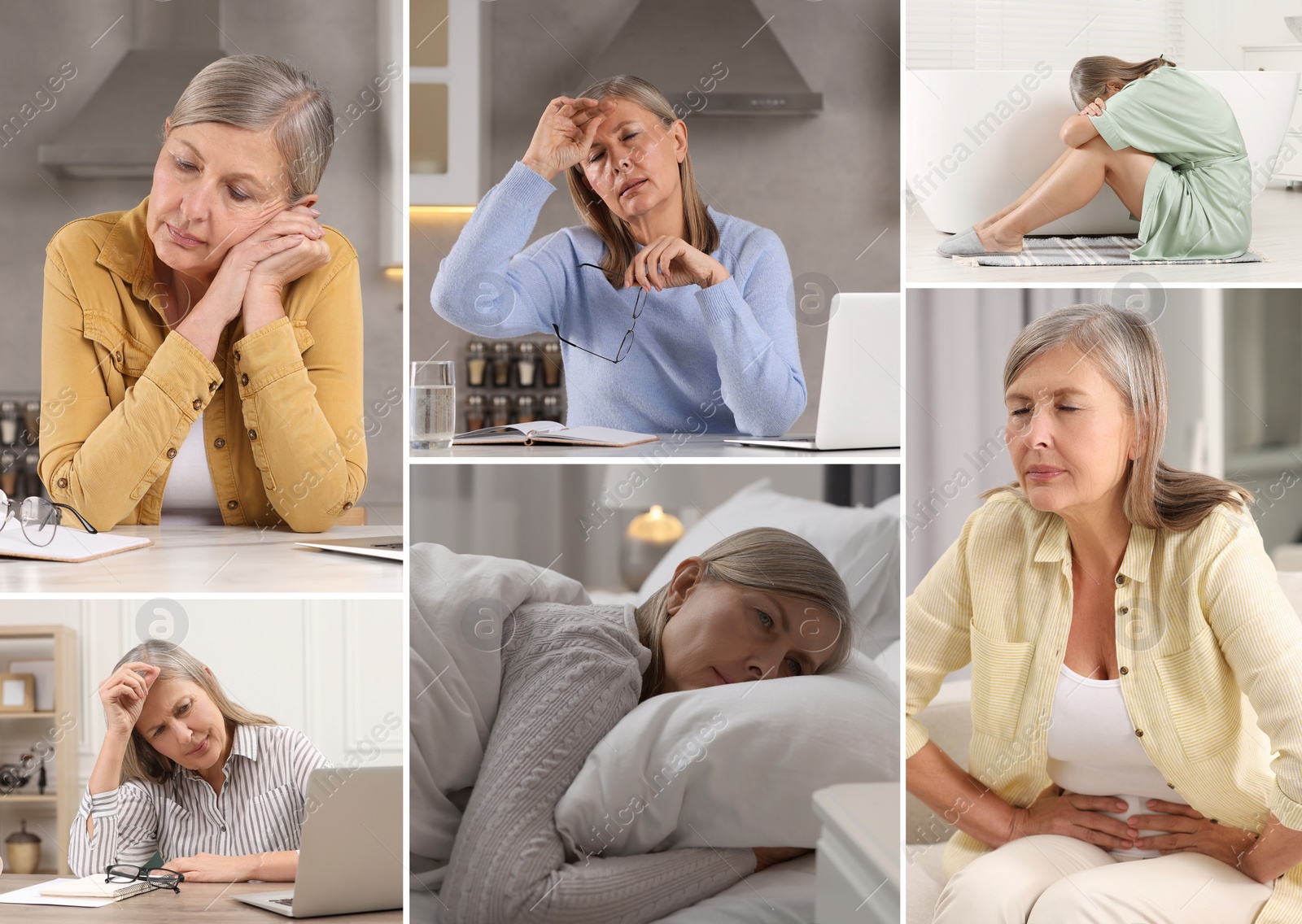 Image of Menopause, collage with photos of woman suffering from different symptoms