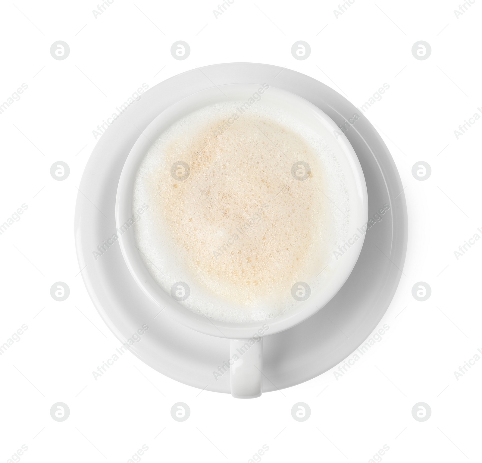 Photo of Aromatic coffee in cup isolated on white, top view