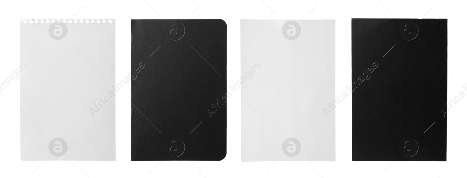 Image of Set of different notebook papers on white background. Banner design