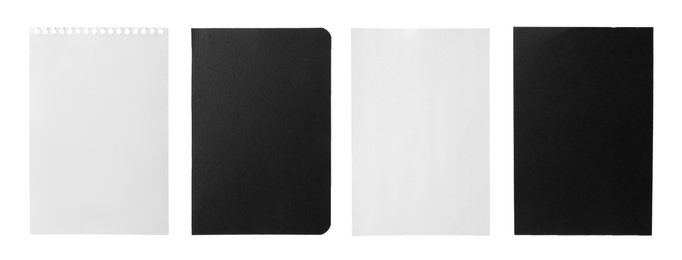 Image of Set of different notebook papers on white background. Banner design