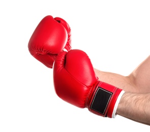 Photo of Man in boxing gloves on white background, closeup