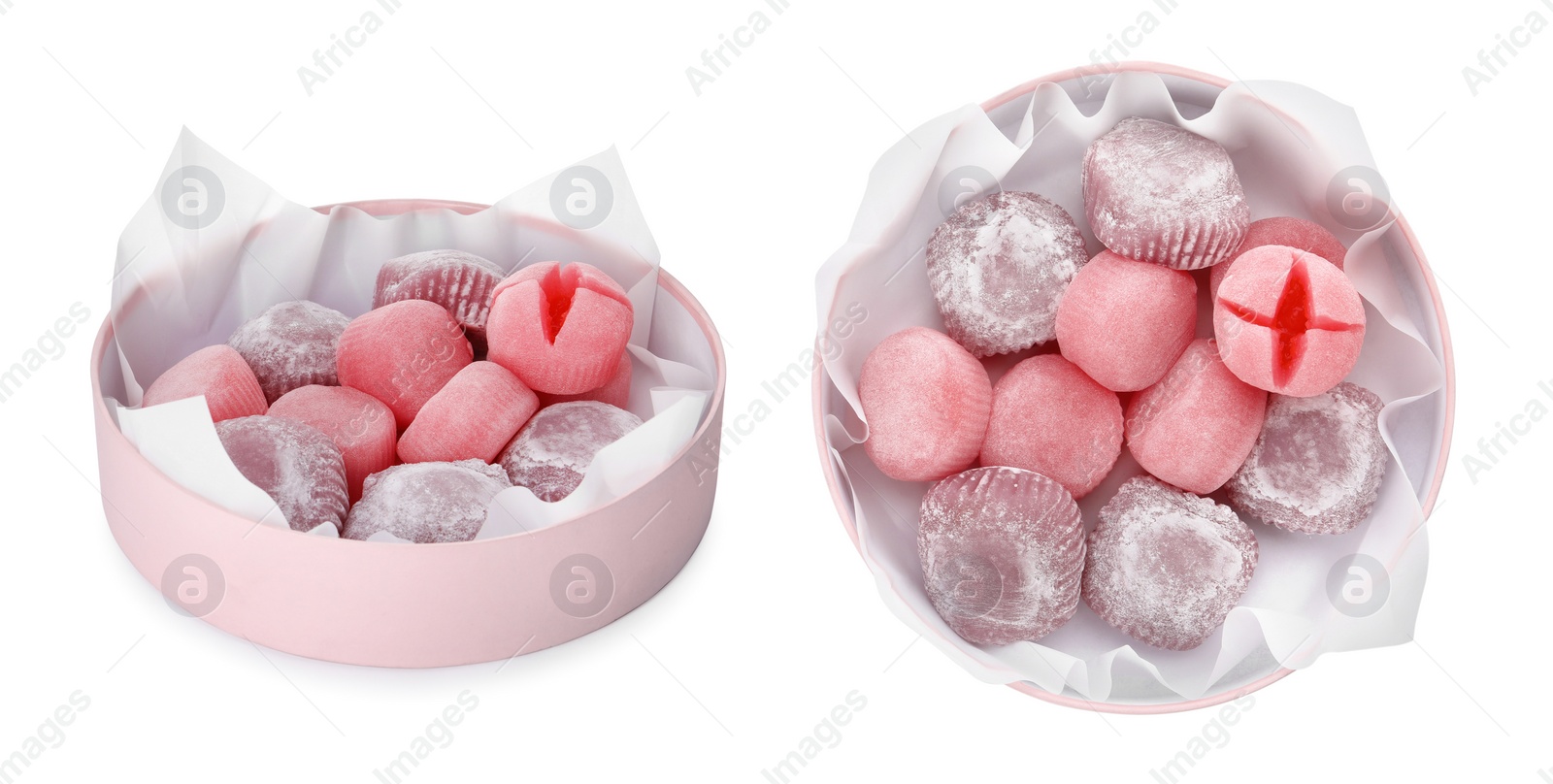 Image of Delicious mochi on white background, collage. Banner design