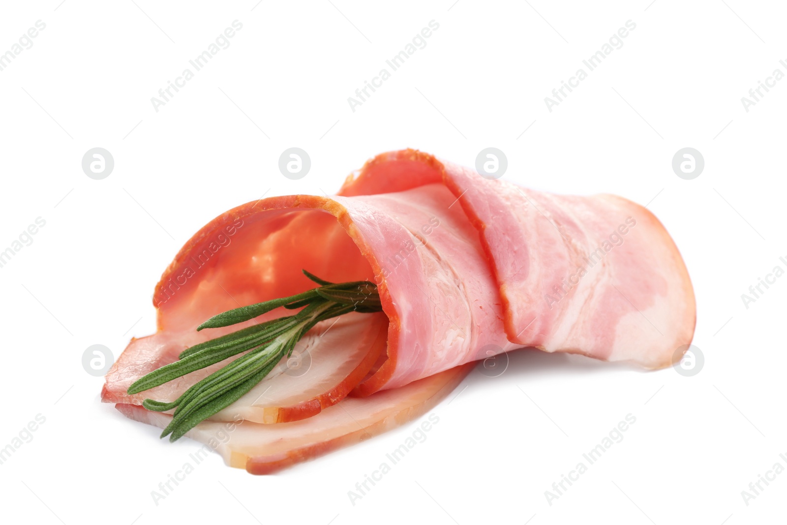 Image of Fresh raw bacon slice with rosemary on white background