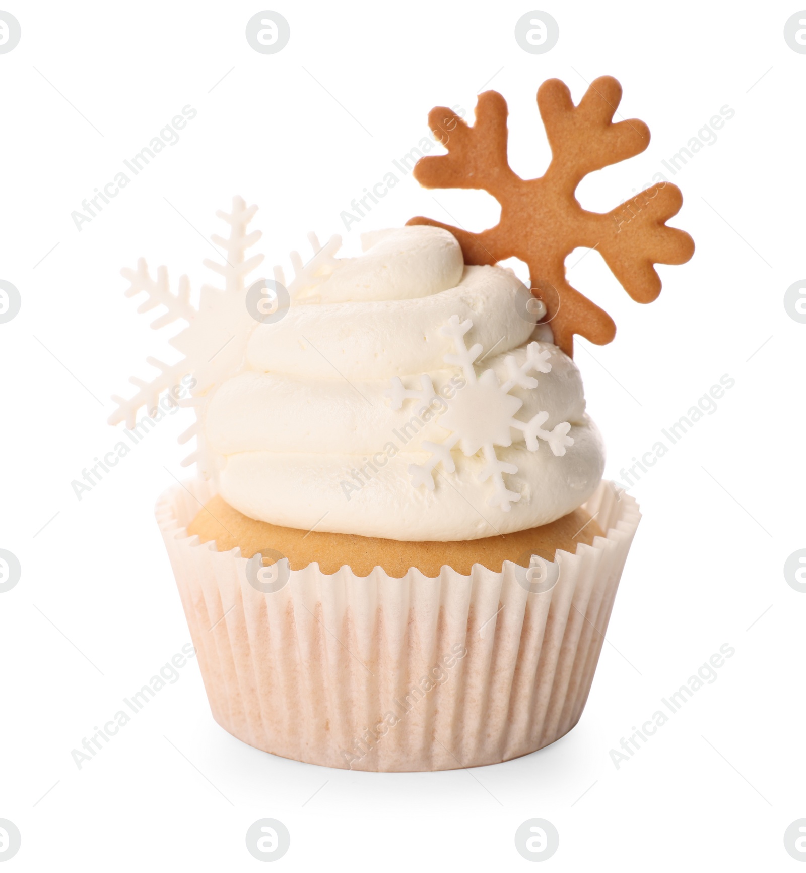 Photo of Tasty Christmas cupcake with snowflakes isolated on white