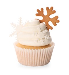 Tasty Christmas cupcake with snowflakes isolated on white