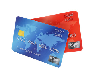 Different plastic credit cards on white background