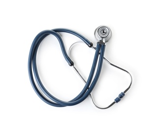 Photo of Stethoscope on white background, top view. Medical device