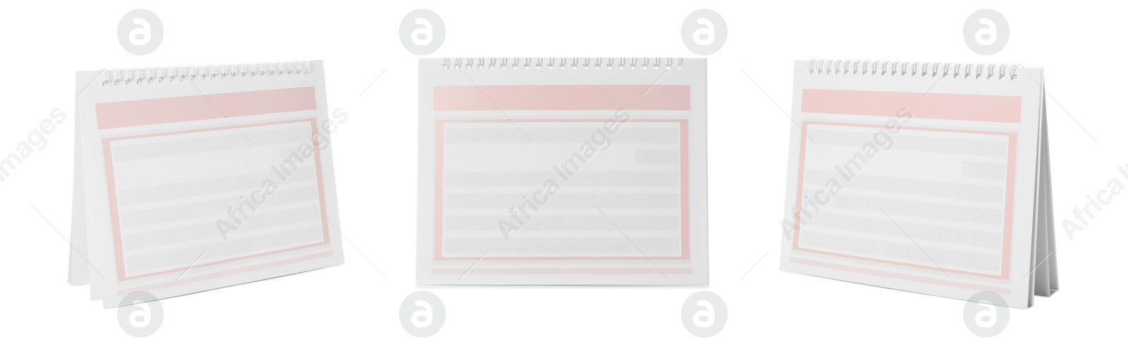 Image of Collage of blank paper calendar on white background. Space for design 