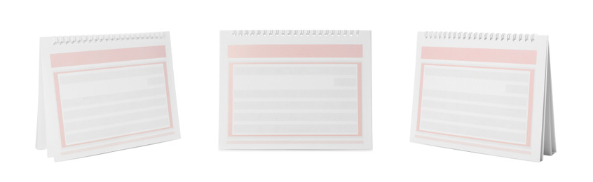 Image of Collage of blank paper calendar on white background. Space for design 
