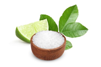 Image of Cut lime and salt isolated on white. Margarita cocktail ingredients