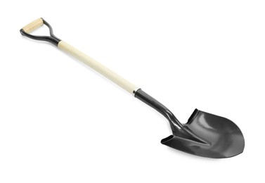 Photo of One new shovel with wooden handle isolated on white. Gardening tool