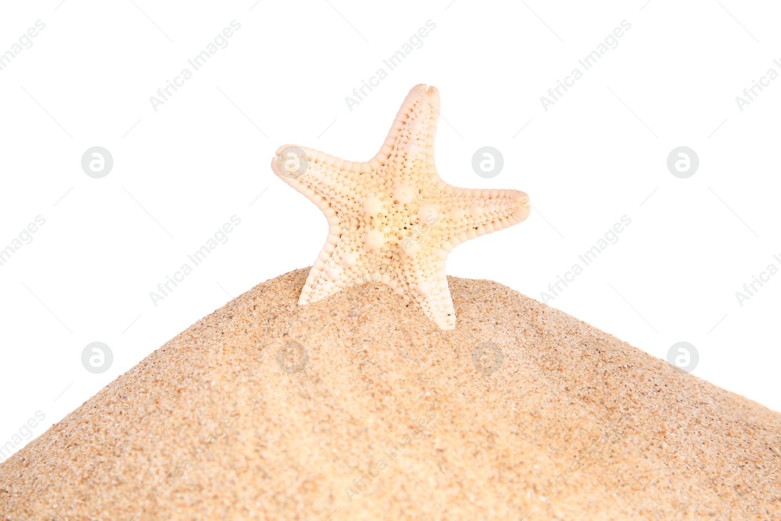 Photo of Sand with beautiful sea star isolated on white