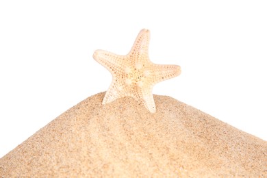 Photo of Sand with beautiful sea star isolated on white