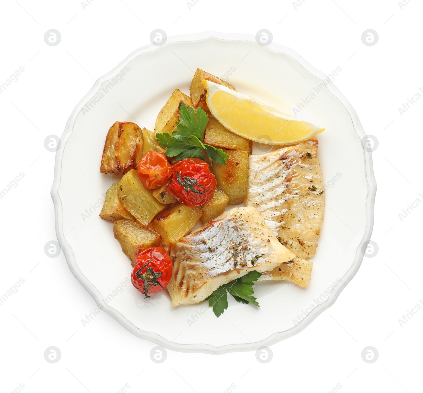 Photo of Tasty cod cooked with vegetables isolated on white, top view