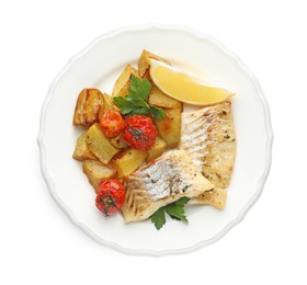 Photo of Tasty cod cooked with vegetables isolated on white, top view