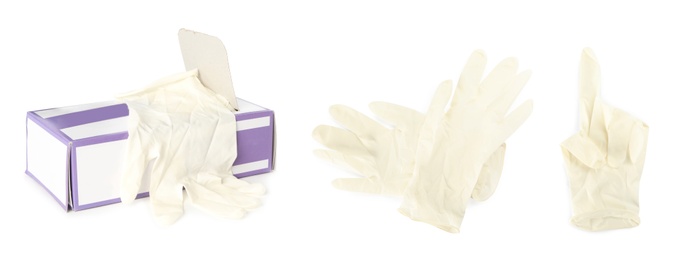 Image of Set of medical gloves on white background. Banner design