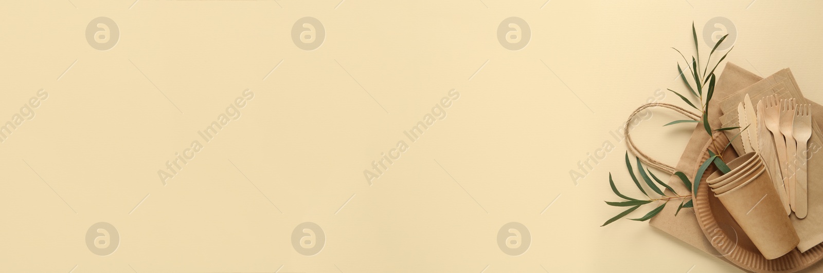 Image of Flat lay composition with eco friendly products on beige background, space for text. Banner design