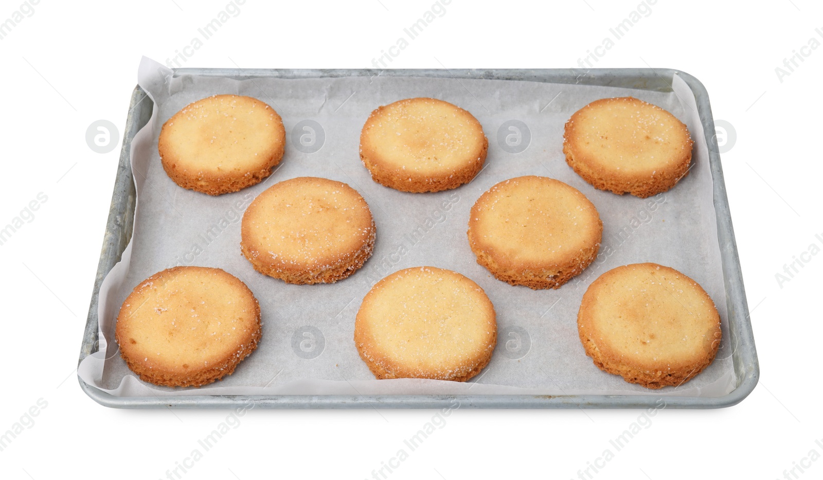 Photo of Tray with tasty sugar cookies isolated on white