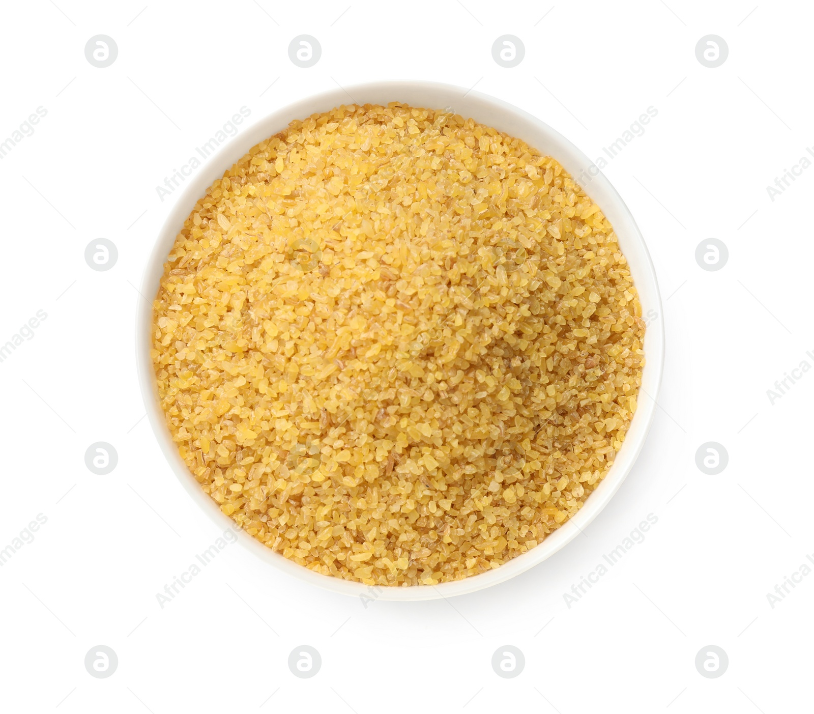 Photo of Bowl of raw bulgur isolated on white, top view