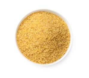 Bowl of raw bulgur isolated on white, top view