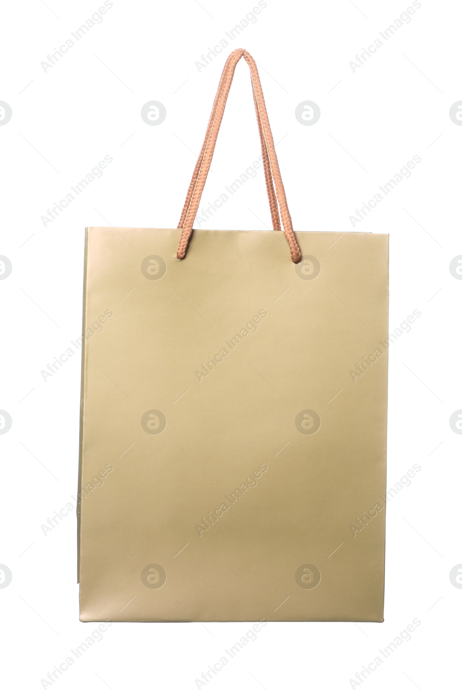 Photo of One brown shopping bag isolated on white