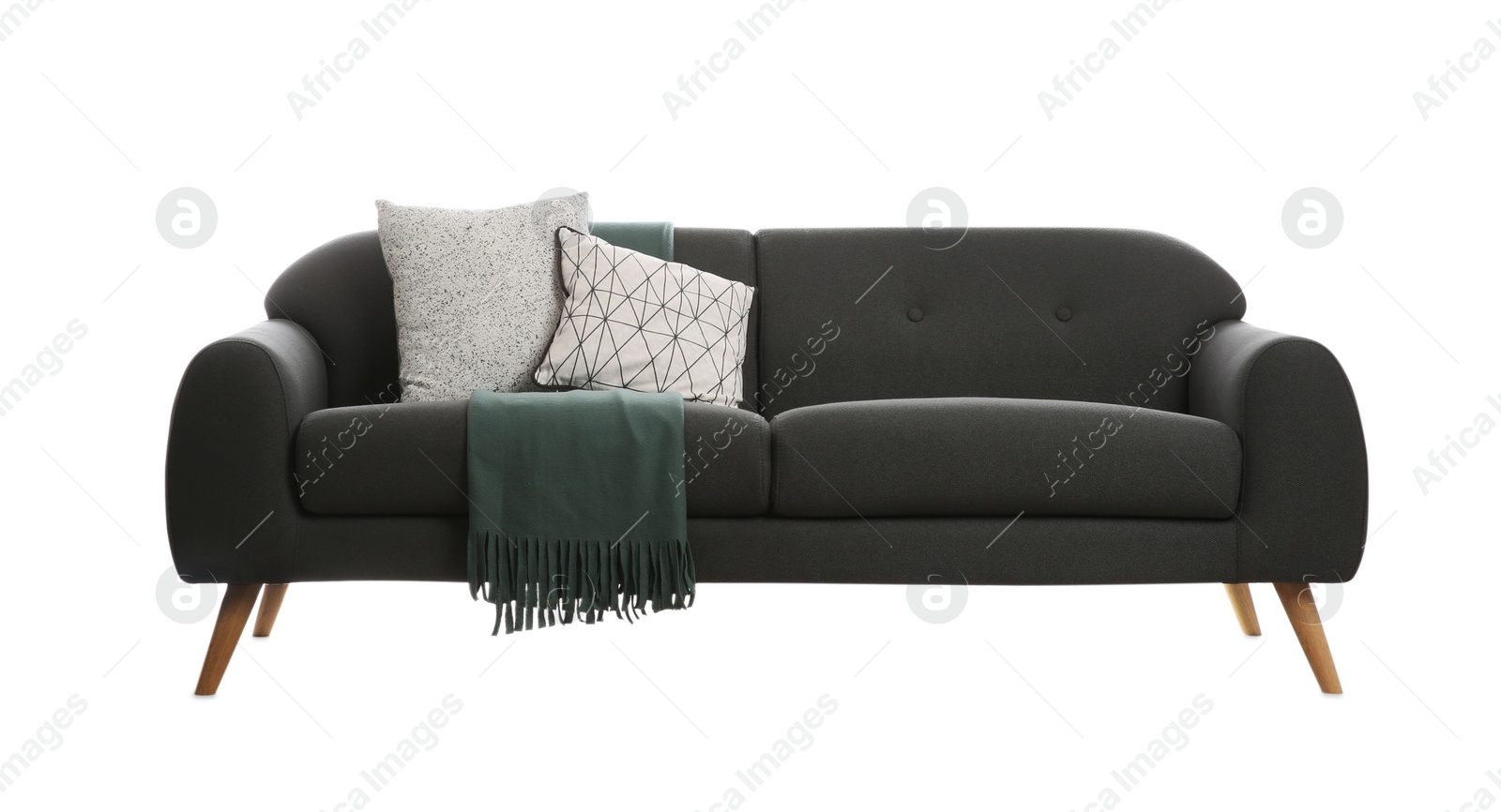 Photo of Comfortable grey sofa with cushions and blanket on white background. Furniture for living room interior