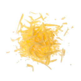 Photo of Pile of grated cheese on white background