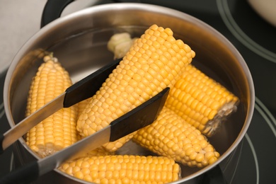 Photo of Putting raw corn cob into stewpot, closeup