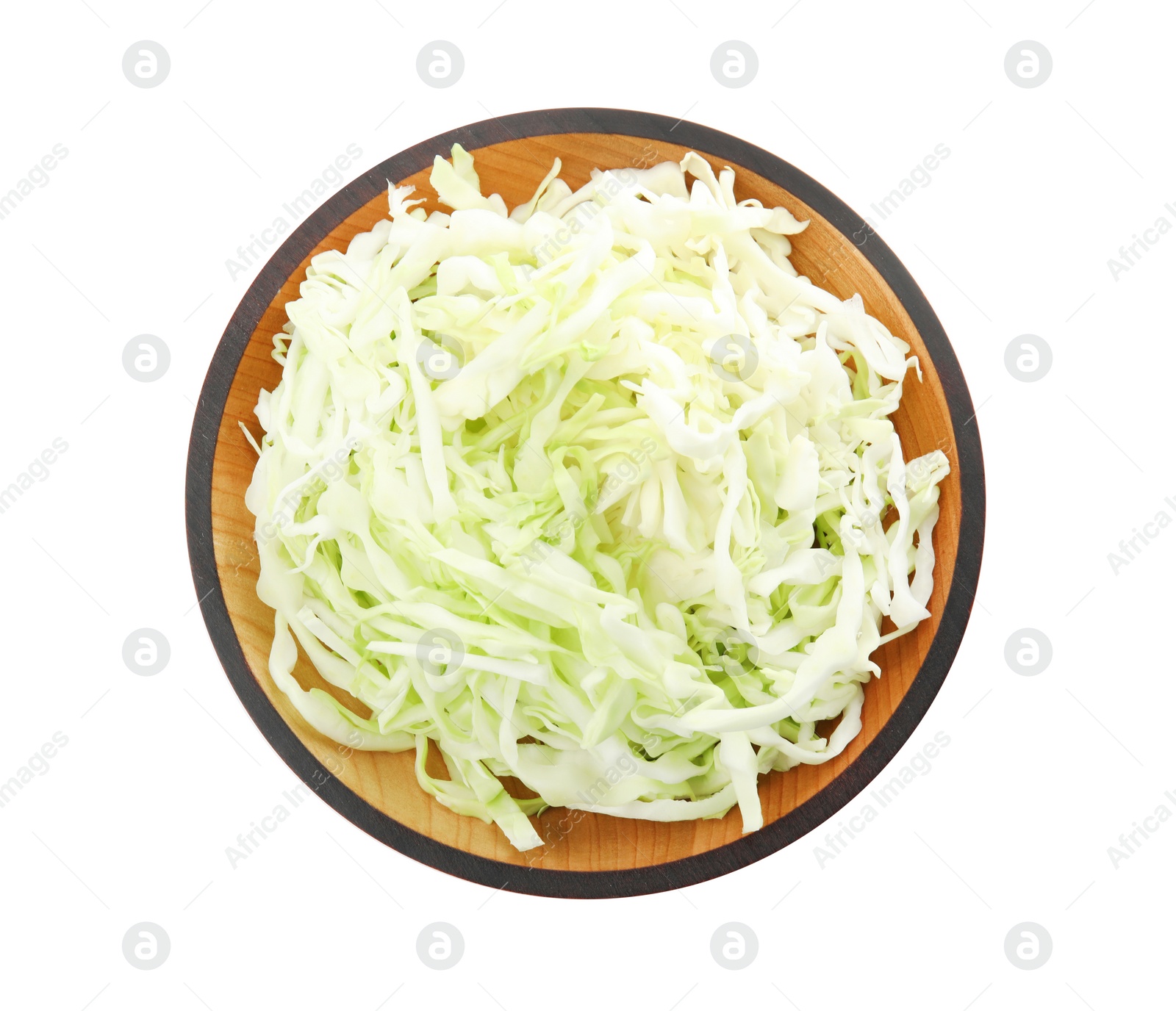 Photo of Bowl with chopped cabbage on white background, top view. Healthy food