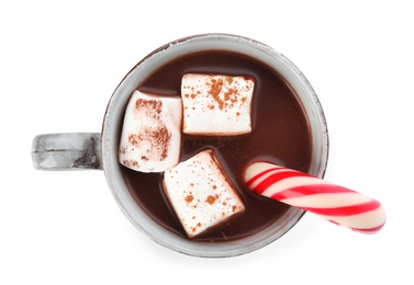 Cup of tasty cocoa with marshmallows and Christmas candy cane isolated on white, top view