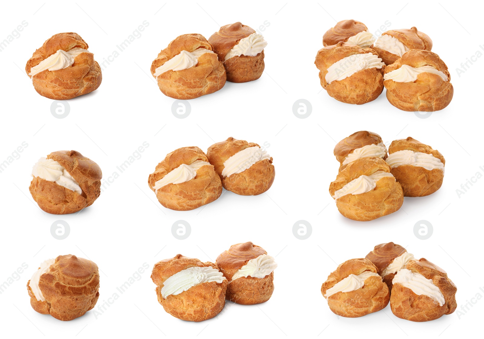 Image of Delicious profiteroles with whipped cream filling on white background, collage design