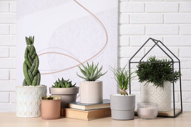 Photo of Different house plants in pots and decor on wooden table against white brick wall