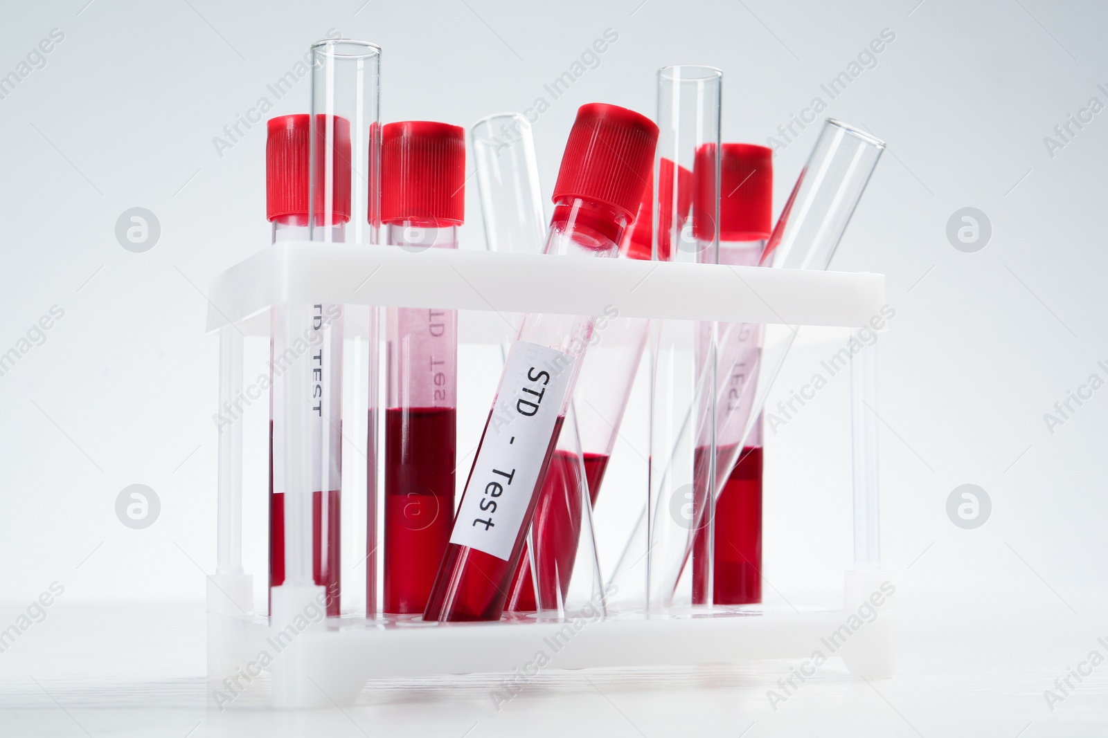 Photo of Tubes with blood samples in rack on white background. STD test