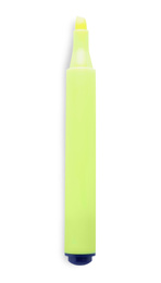 Photo of Bright color highlighter pen isolated on white, top view. School stationery