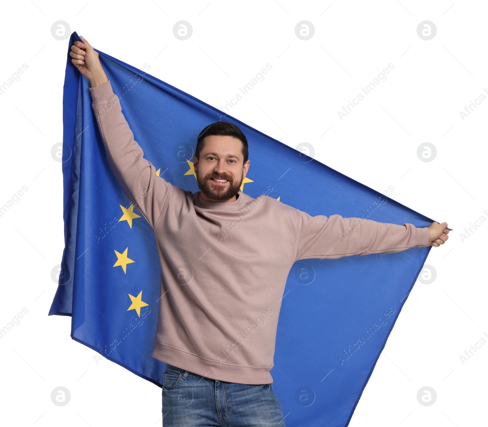 Photo of Man holding European Union flag on white background